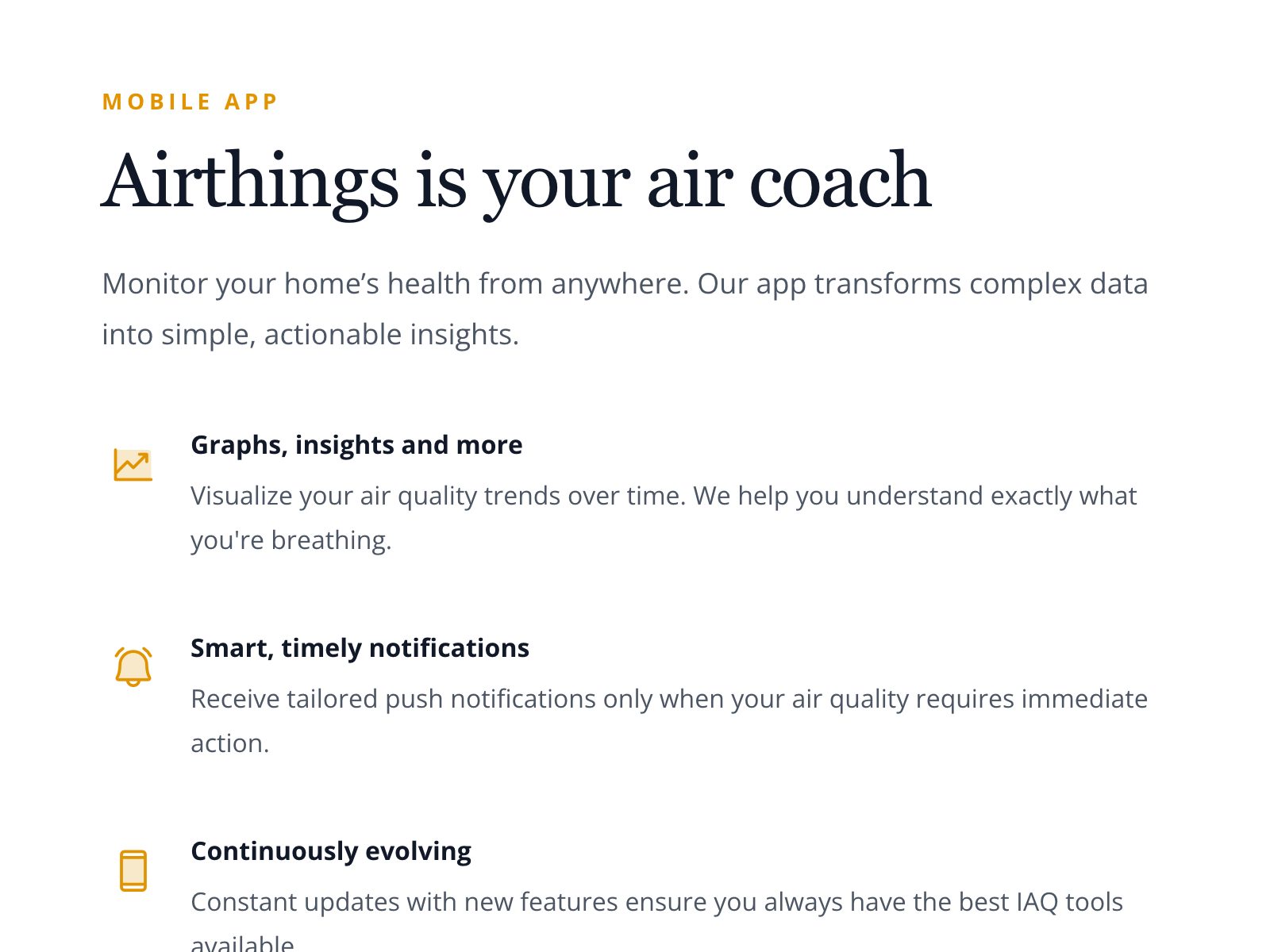 Airthings app section — air quality trends turned into plain-language insights and alerts.