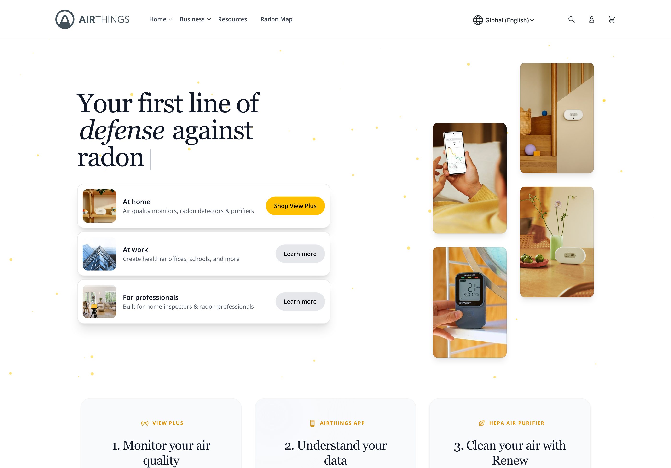 Airthings homepage — the storefront splits immediately into At home, At work and For professionals.