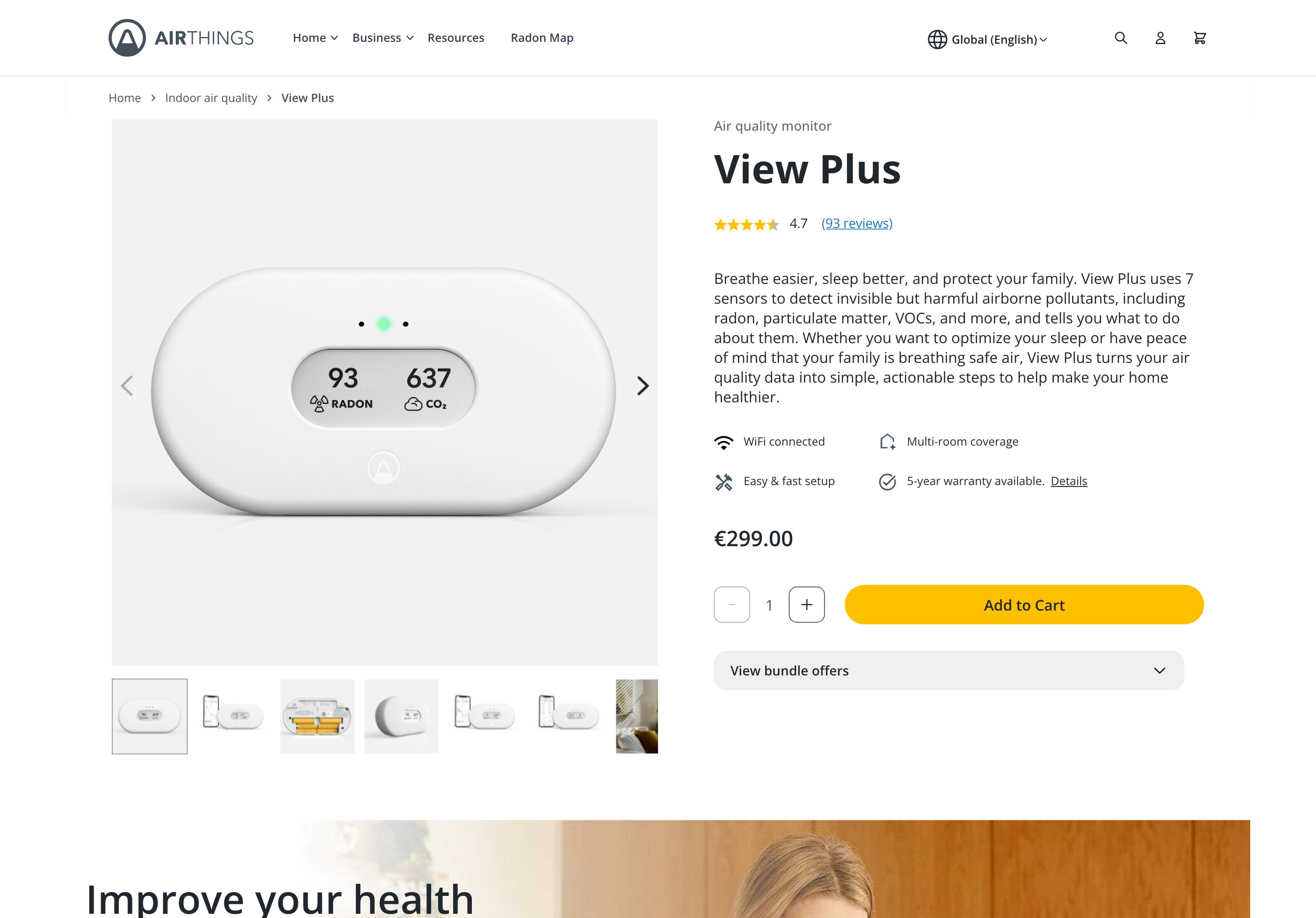 Airthings View Plus product page — seven sensors, rating, price and add to cart.