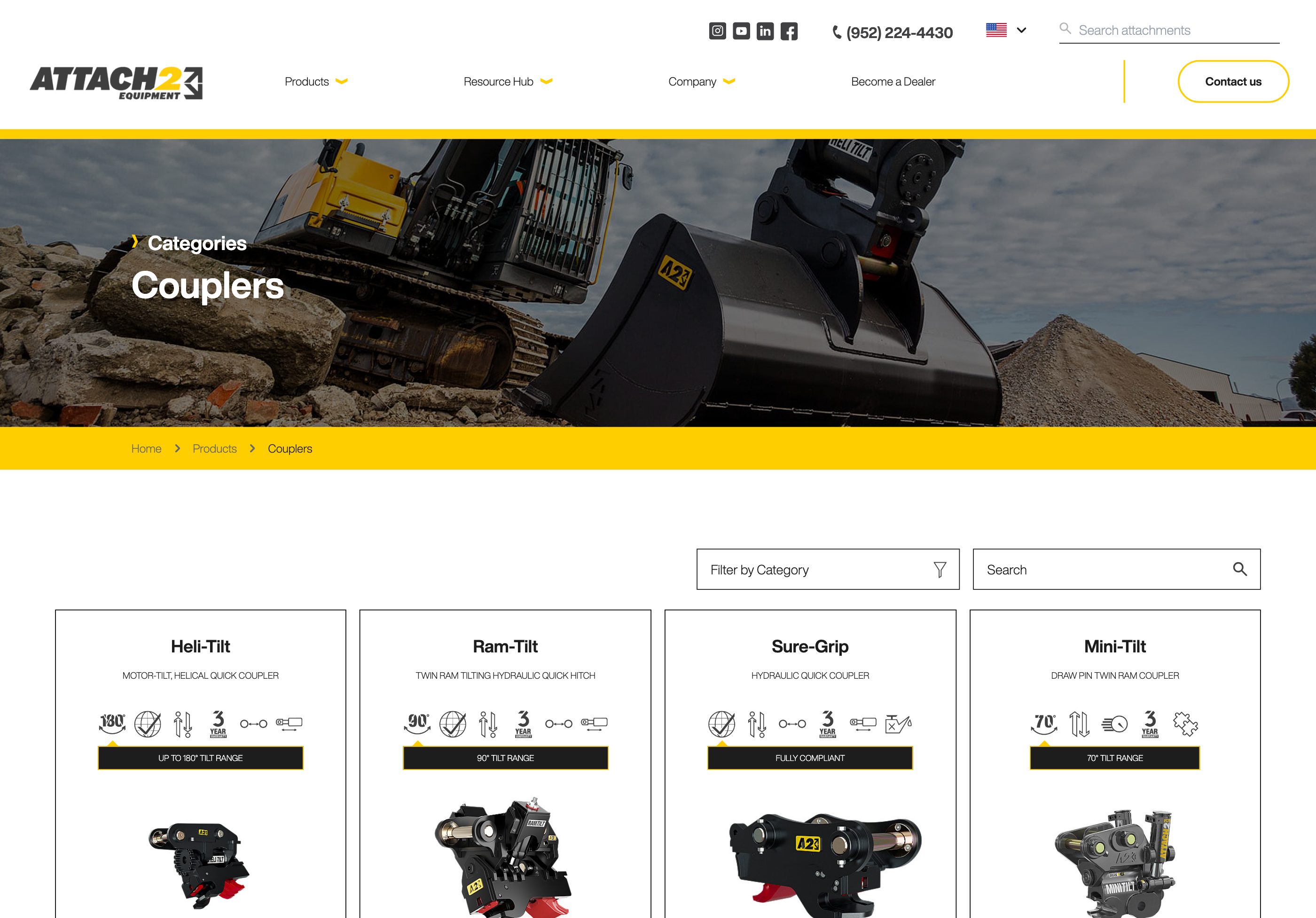 The couplers category — Heli-Tilt, Ram-Tilt, Sure-Grip and Mini-Tilt compared by tilt range, compliance and warranty.