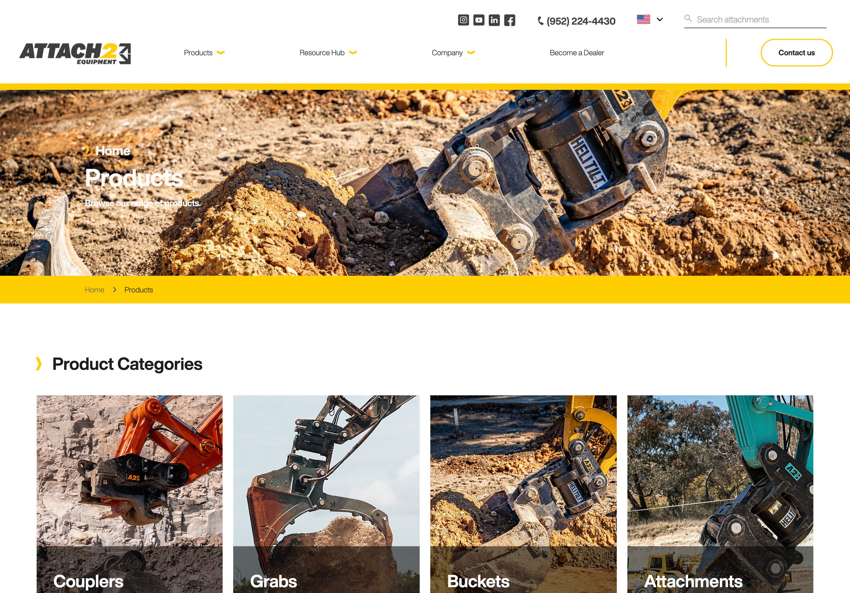 The excavator attachment range — couplers, grabs, buckets and attachments in one catalogue.