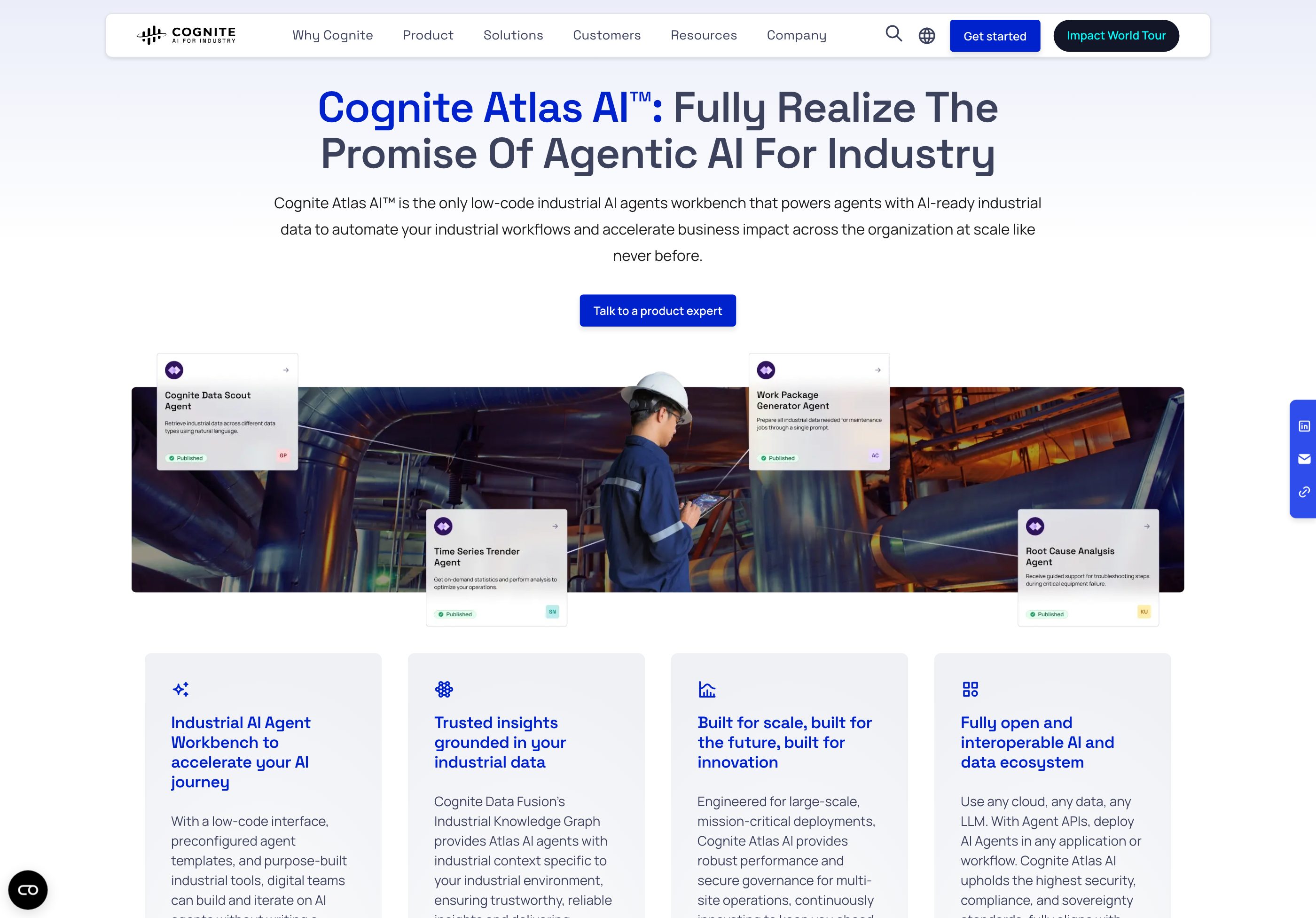 Cognite Atlas AI product page — published agents for data retrieval, work packages and root cause analysis.