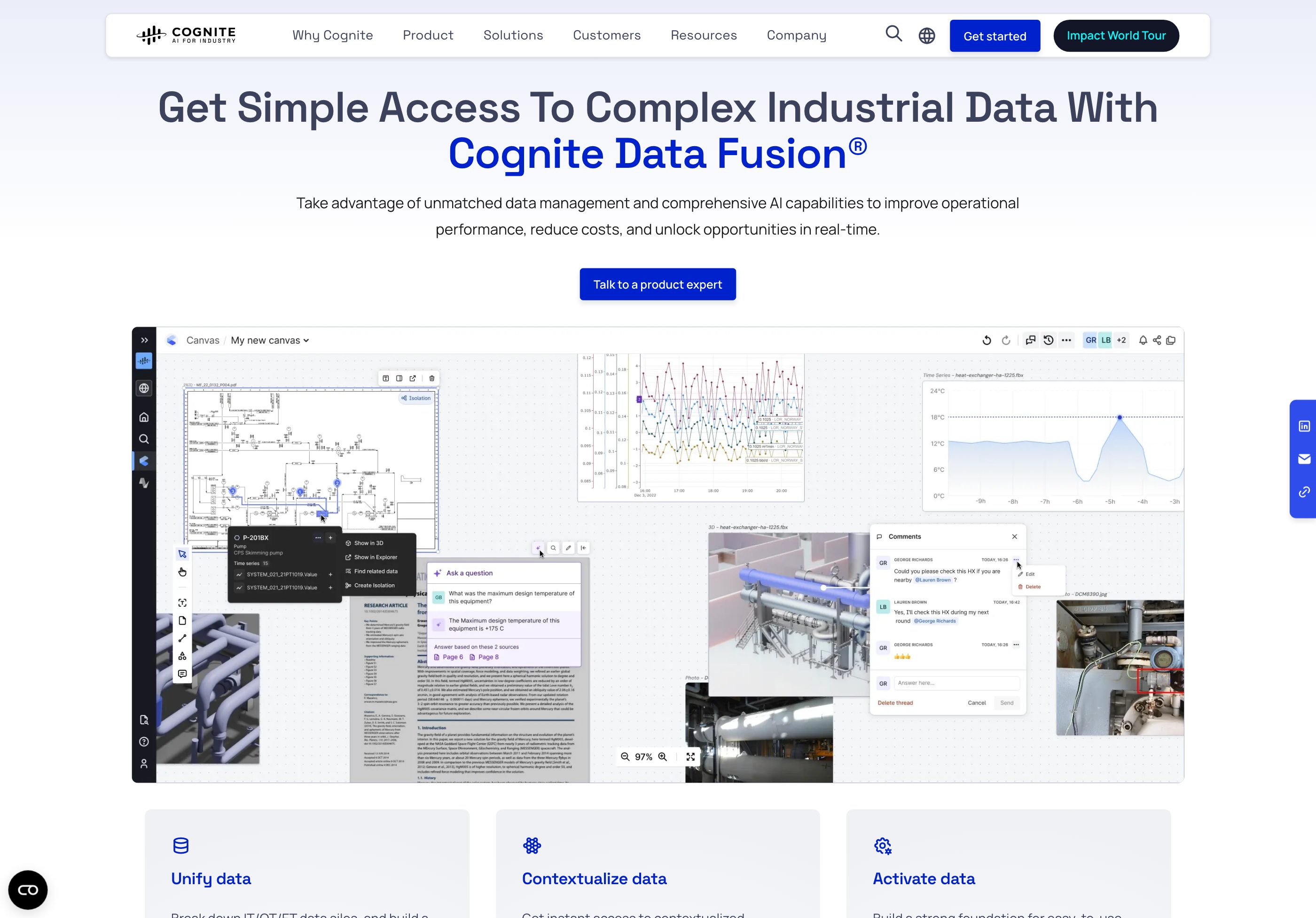 Cognite Data Fusion product page — the canvas bringing diagrams, time series, documents and 3D into one view.