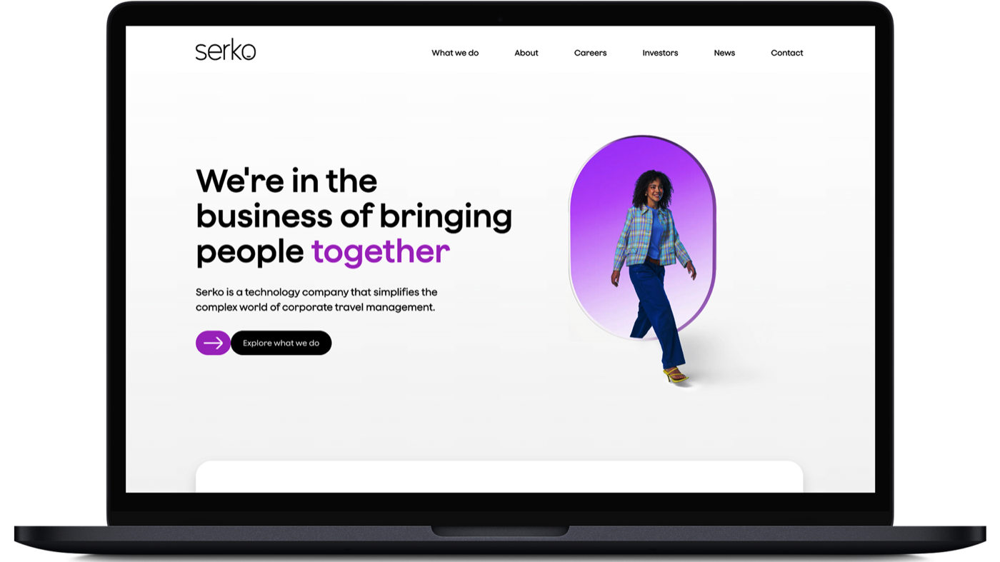 The Serko corporate site shown on a laptop.
