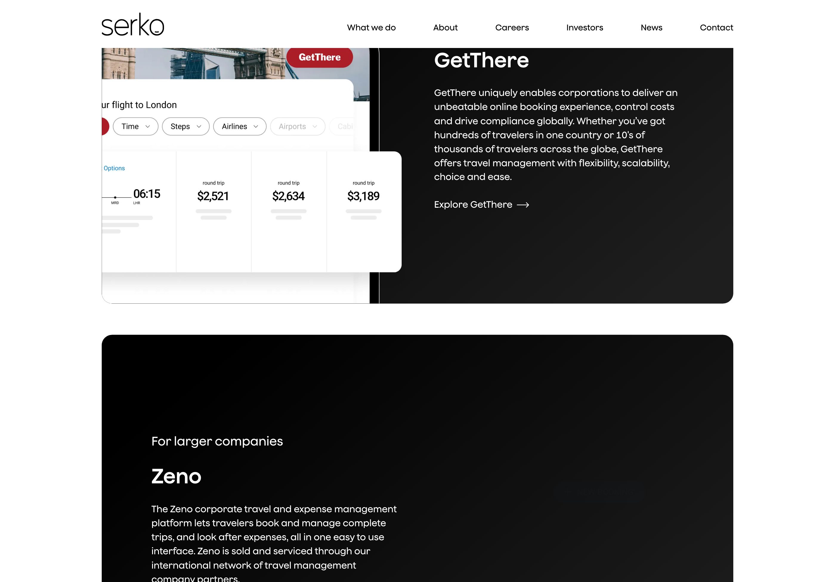 GetThere on the Serko site — enterprise flight search with fares and filters.