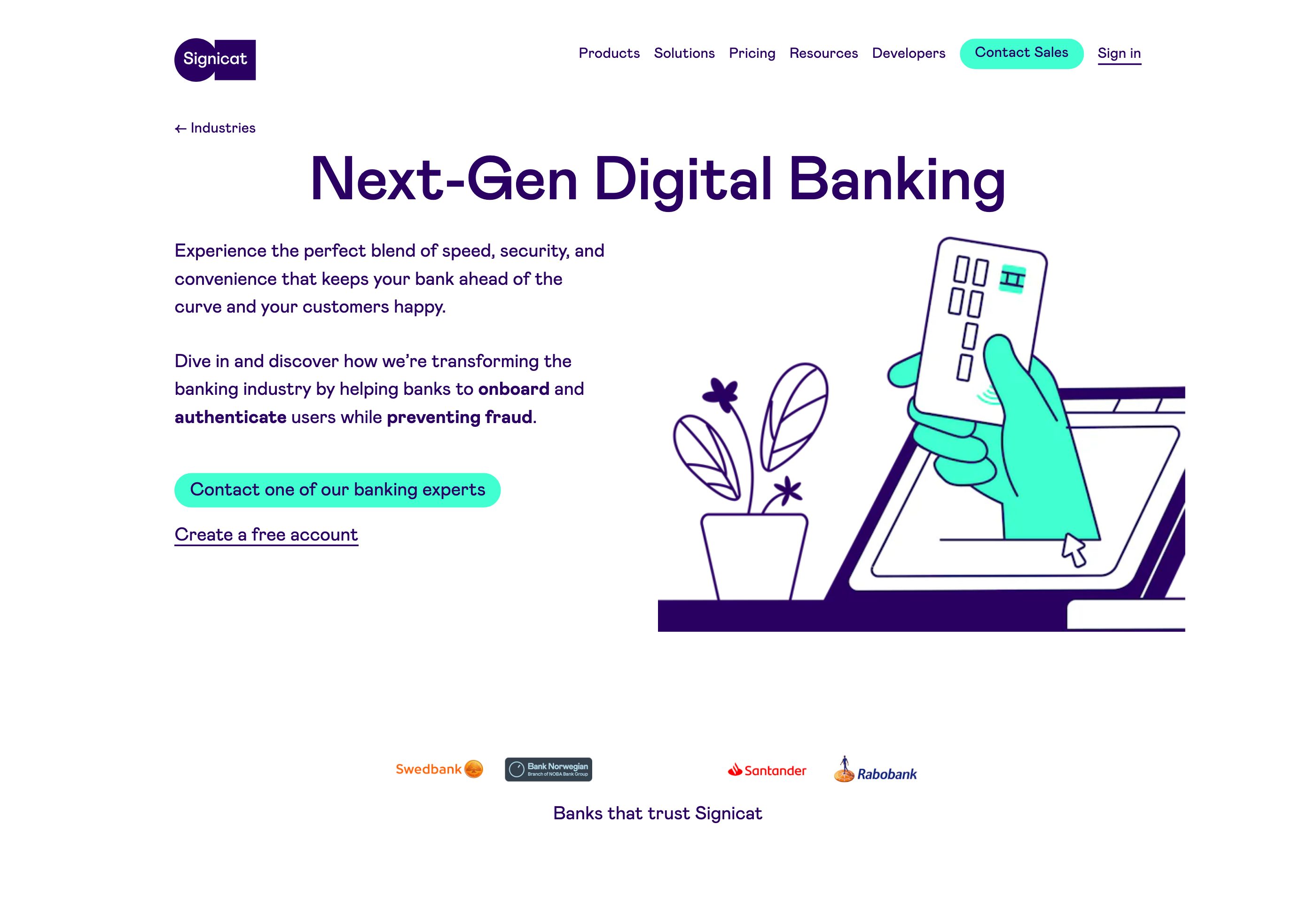 The banking industry page — onboarding, authentication and fraud prevention told for one regulated sector.