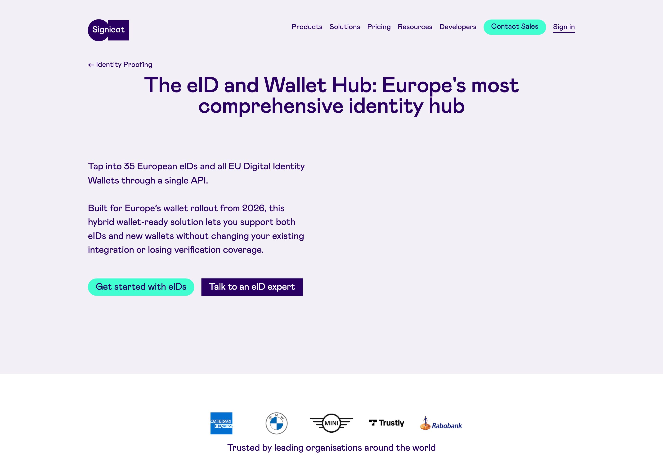 The eID and Wallet Hub page — 35 European eIDs and the EU Digital Identity Wallets behind a single API.