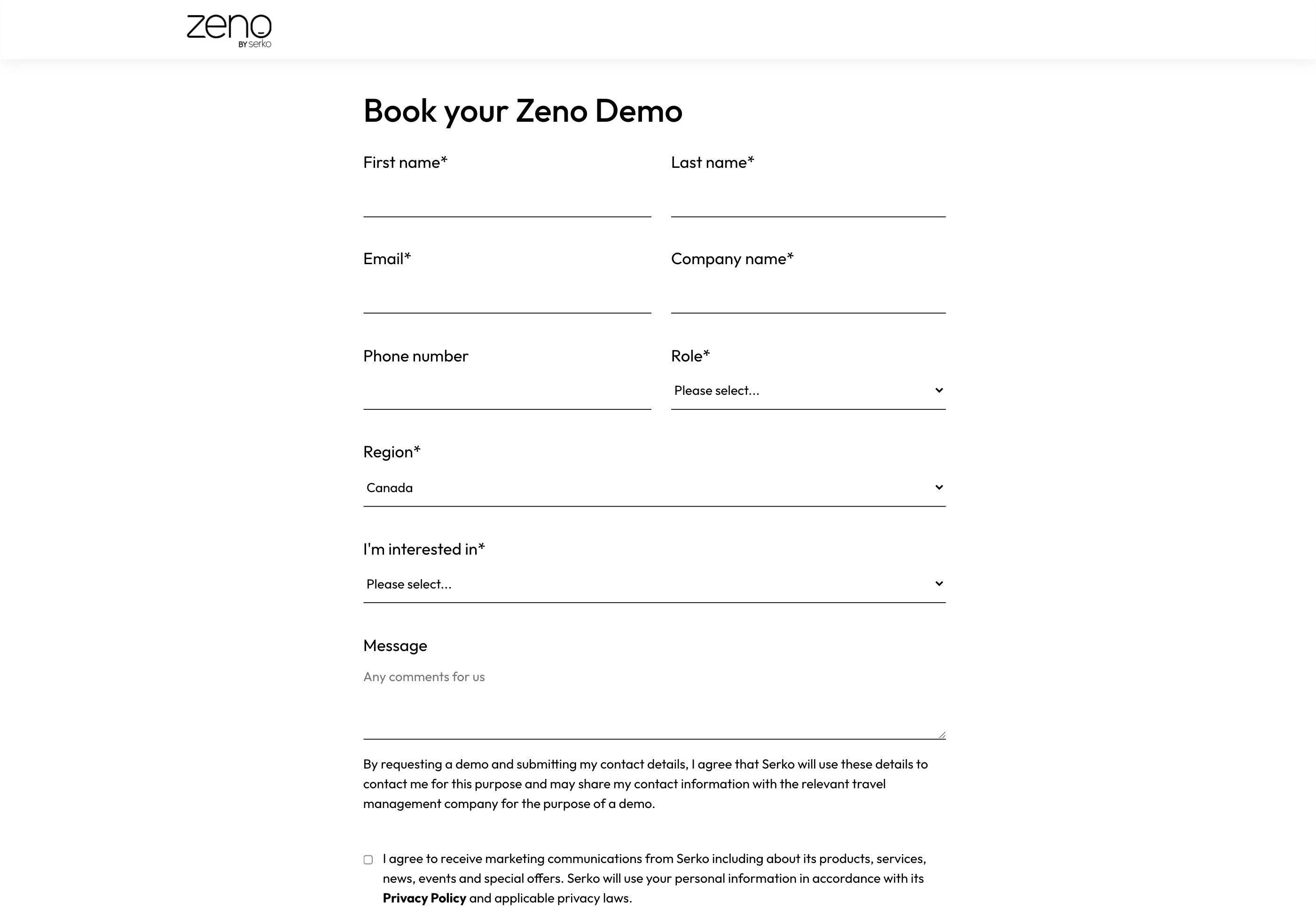 The demo request — role, region and interest are what make a lead routable.