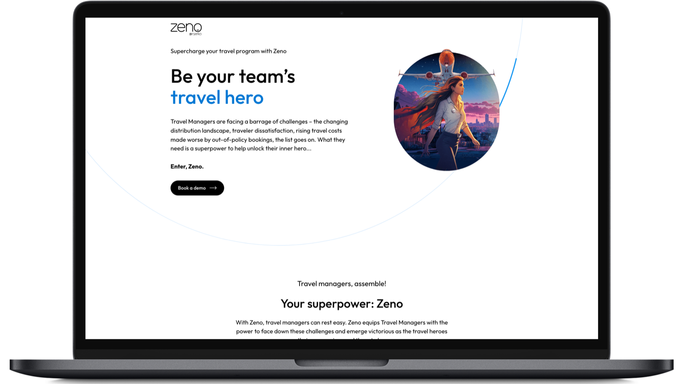 The Zeno Travel Hero landing page shown on a laptop.
